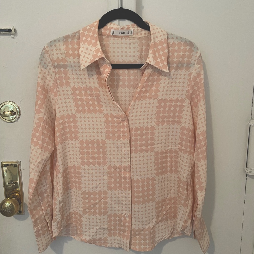 Mango Pink Polka dot button down blouse with double button sleeves